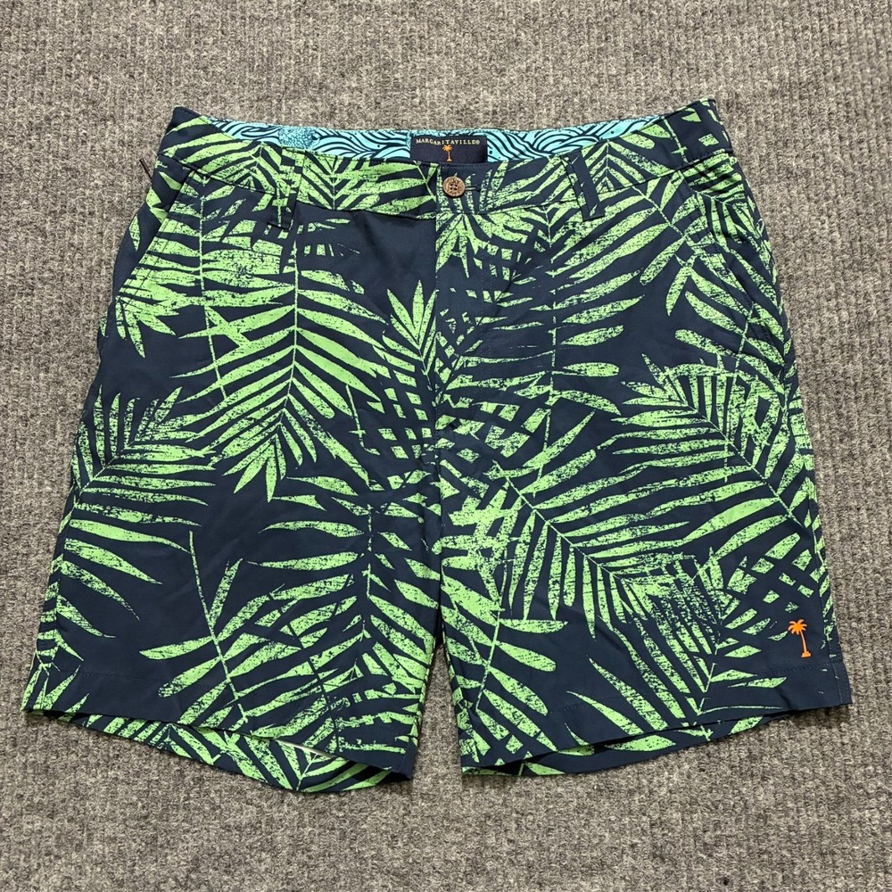 Margaritaville Mens Shorts Size 32 Navy Green Palm Leaves Print Casual Mid Rise
